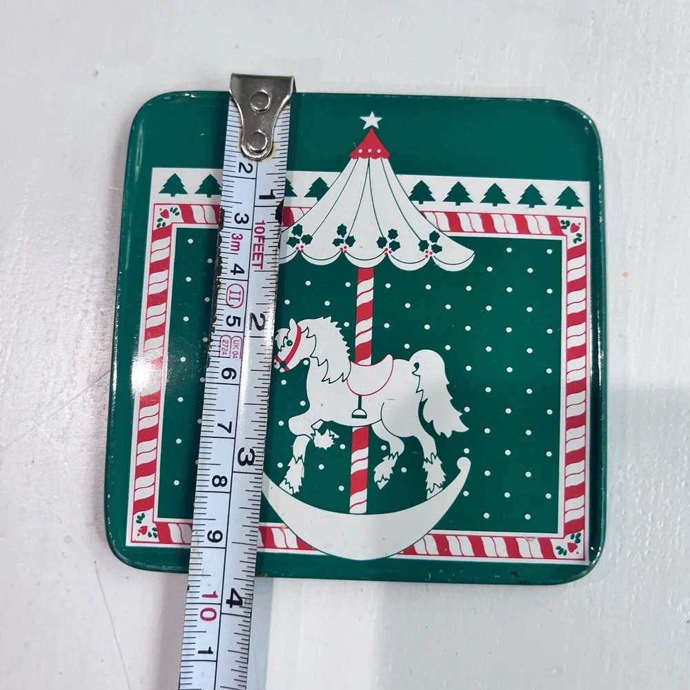 1990 Tin Vintage Coasters Set Of 6 Christmas Cork‎ Back Marry Go Around Green